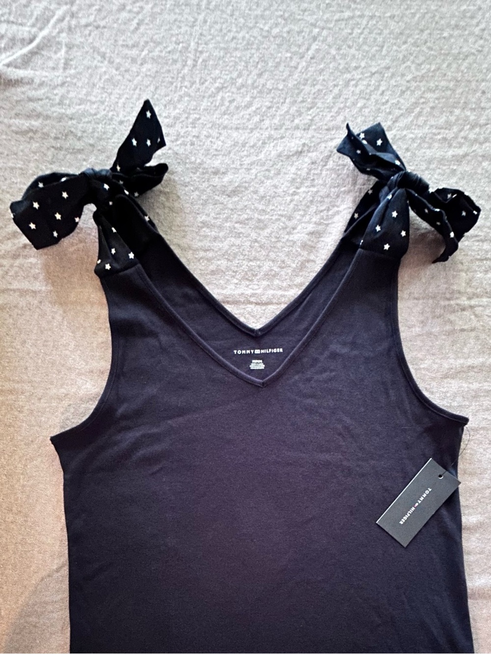 Tommy Hilfiger Tank Top w/ Shoulder White Star Bow V-Neck Navy Cotton Women’s M - Picture 7 of 14